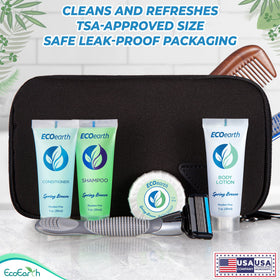 EcoEarth tube beside hand and coin showing compact TSA-friendly size