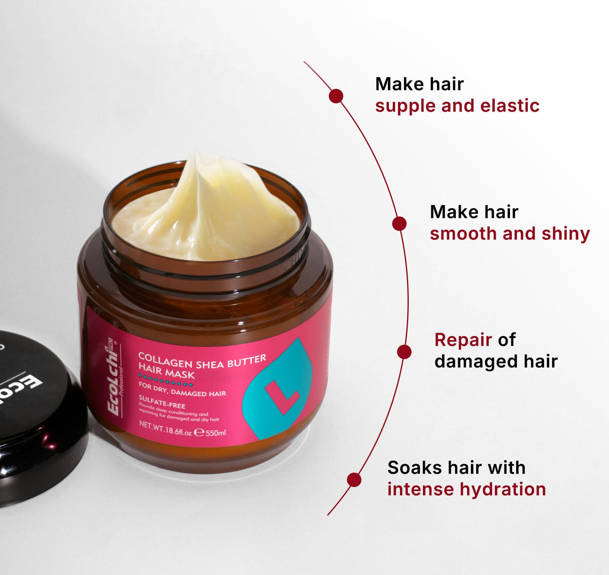 ECOLCHIPRO mask applied to hair mid-lengths demonstrating detangling and hydration benefit