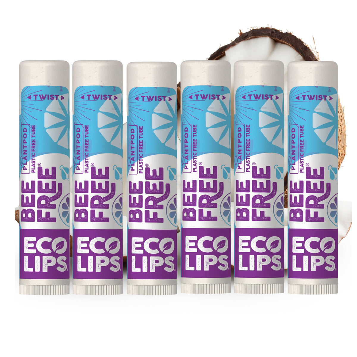 Eco Lips front packaging showing six unscented plant-based tubes and benefits