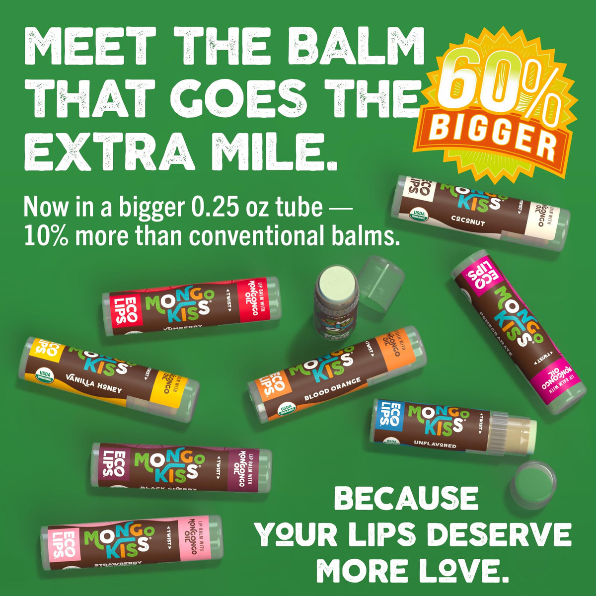 Eco Lips tube beside standard tube showing larger size for longer use benefit