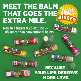 Eco Lips six-pack display demonstrating value and oversized 0.25 oz tubes