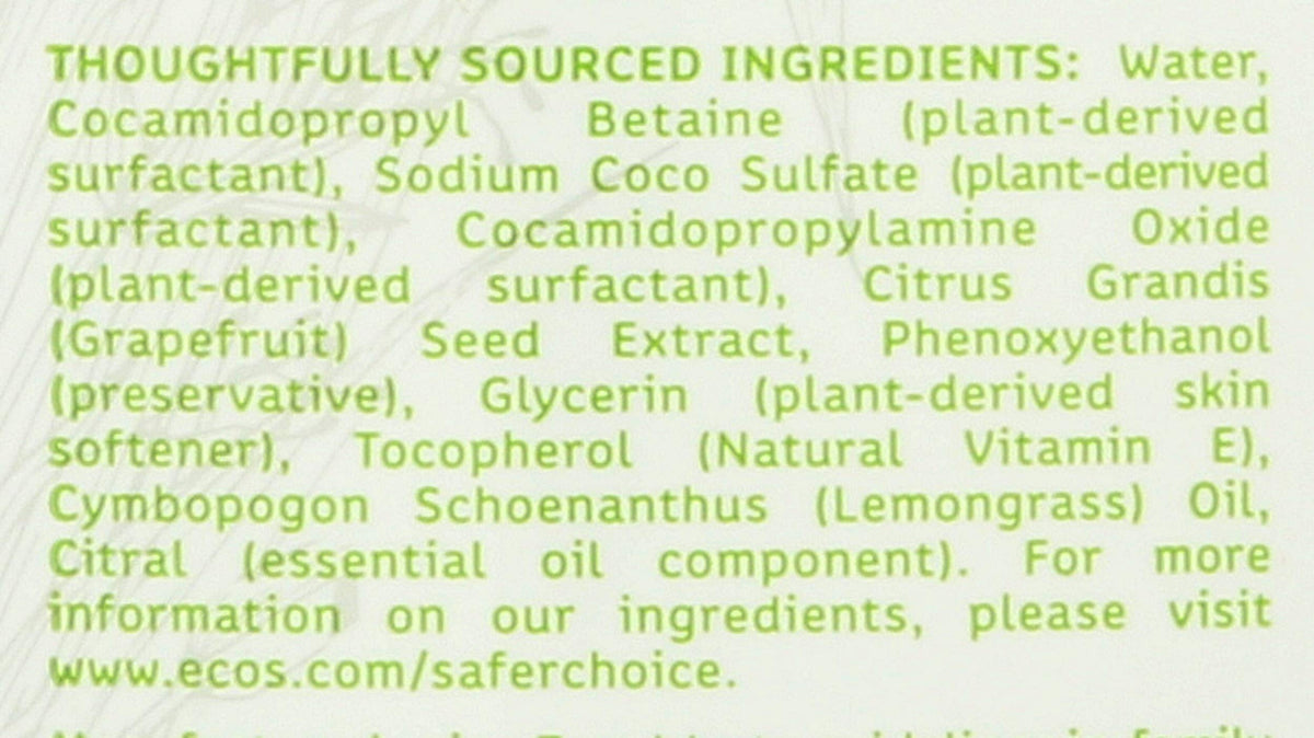ECOS label close-up showing ingredient list and hypoallergenic reassurance