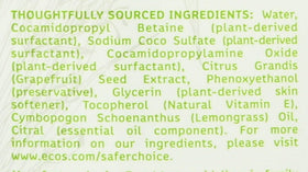 ECOS label close-up showing ingredient list and hypoallergenic reassurance
