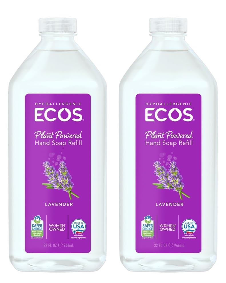 ECOS front packaging showing two refill bottles and lavender benefit