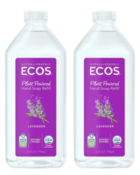 ECOS front packaging showing two refill bottles and lavender benefit