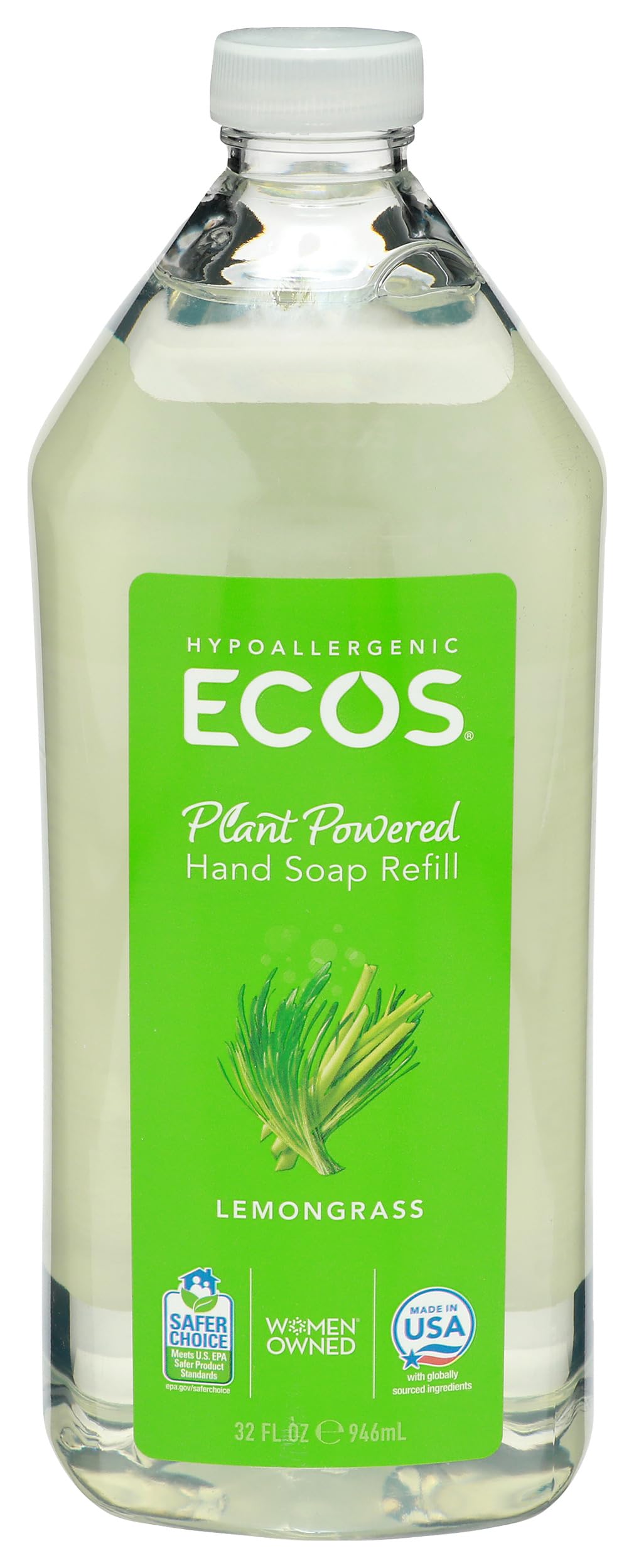 ECOS front bottle view showing lemongrass label and gentle cleansing benefit