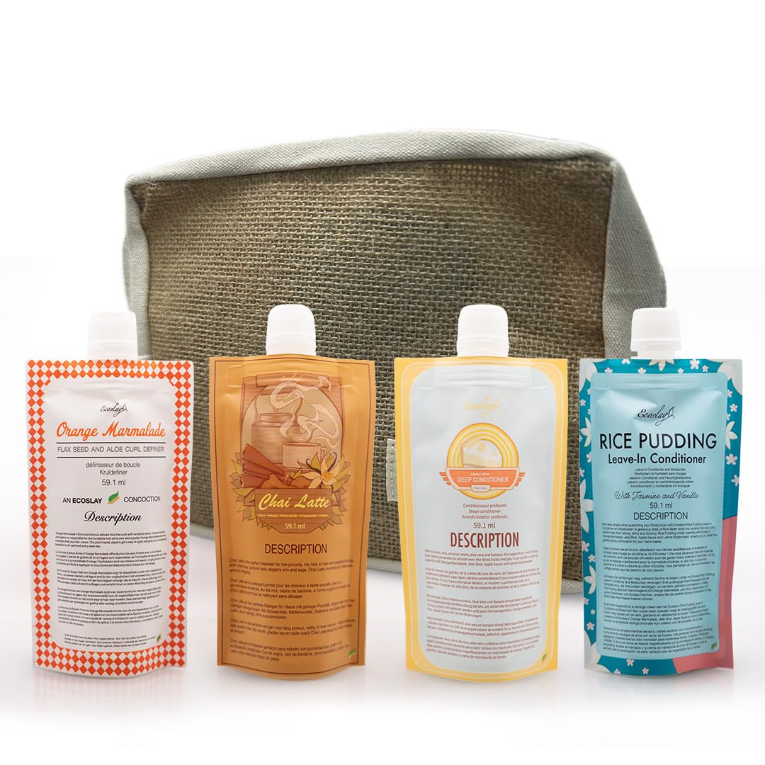 Ecoslay front packaging of travel curl kit showing compact TSA-friendly bottles for travel convenience