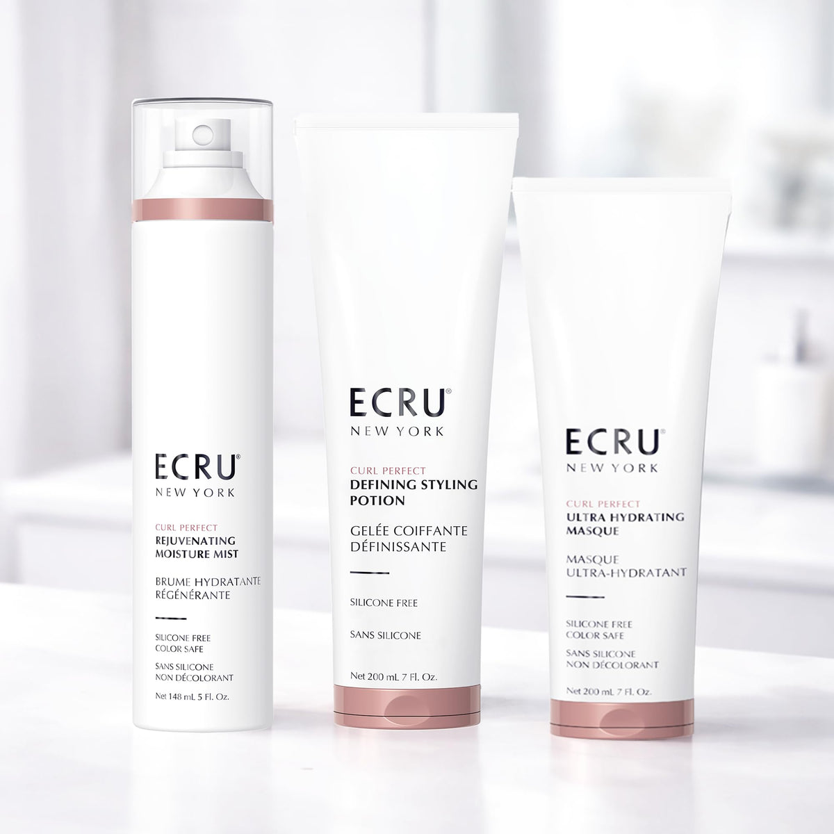 Ecru New York on a bathroom vanity with styling tools suggesting everyday routine benefit