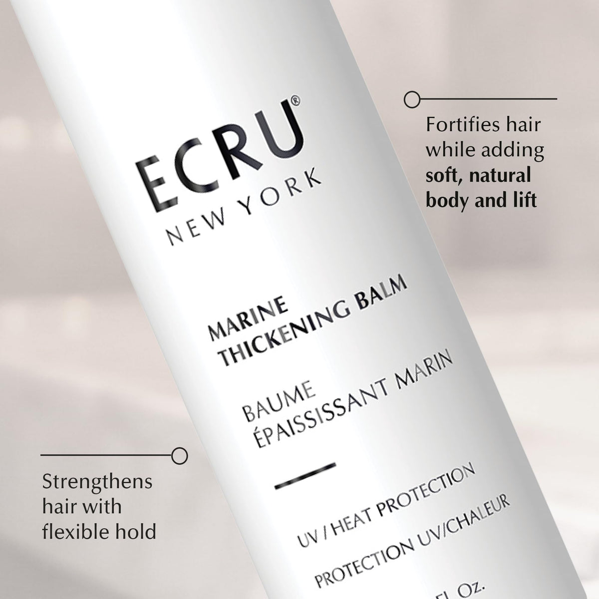Ecru New York ingredient label highlighting algae, keratin and silk benefits