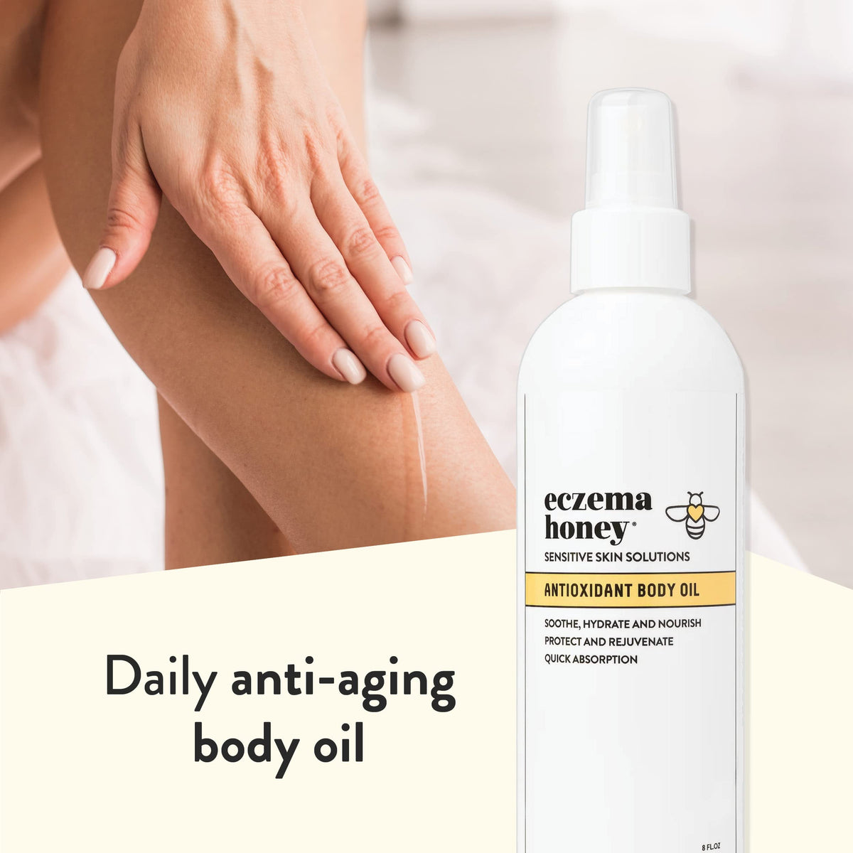 ECZEMA HONEY bottle on bathroom shelf in lifestyle setting showing daily routine use