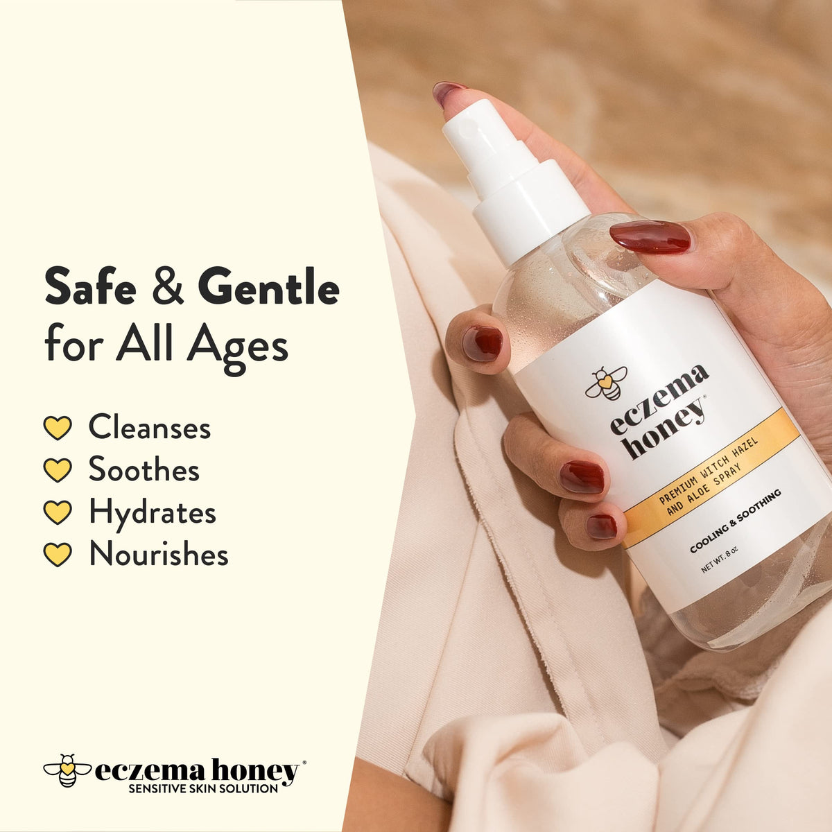 ECZEMA HONEY label detail highlighting witch hazel and colloidal oatmeal