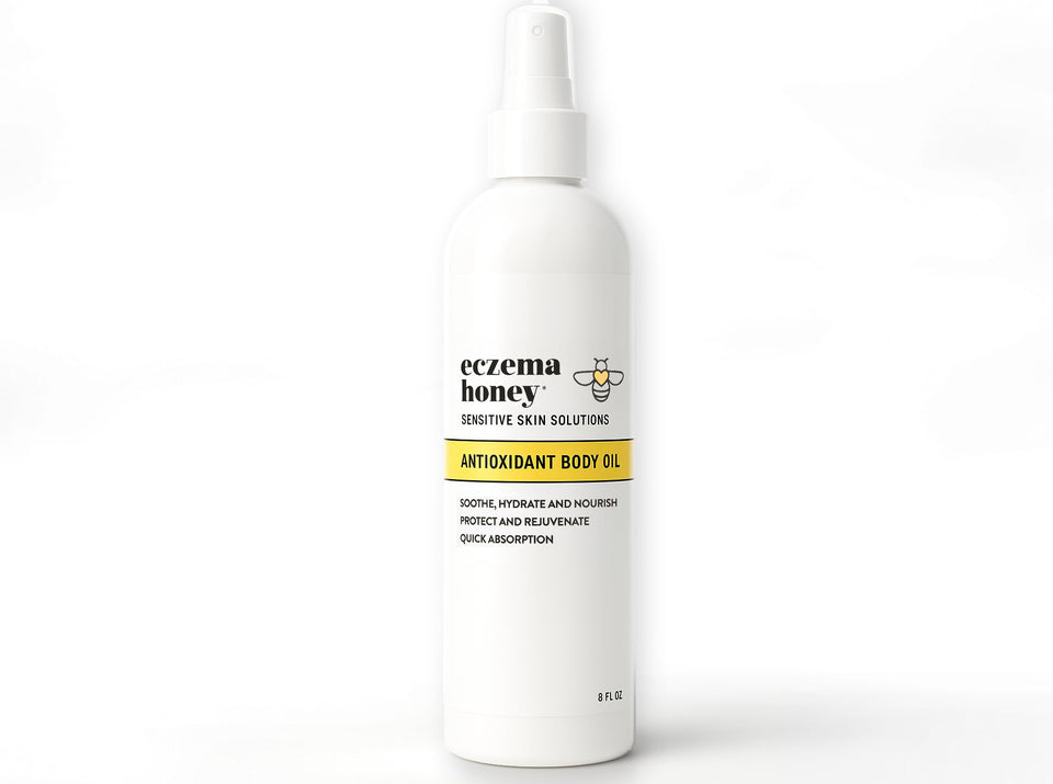 ECZEMA HONEY front packaging showing unscented body oil spray and label benefits