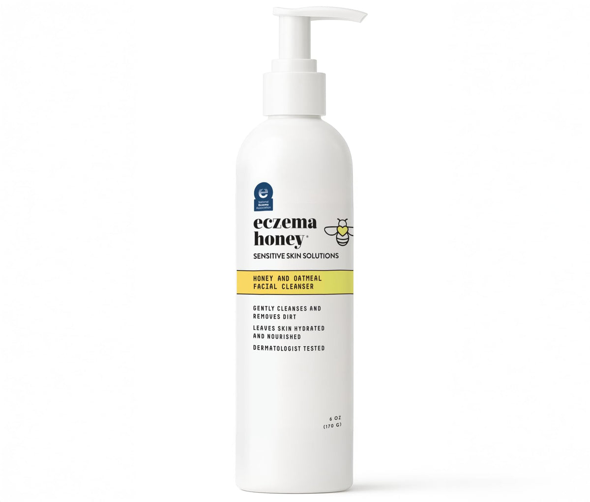 ECZEMA HONEY front packaging showing label and 6 oz bottle, communicates gentle cleansing