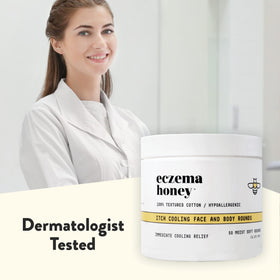 ECZEMA HONEY on bathroom vanity suggesting travel-ready soothing routine