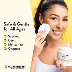 ECZEMA HONEY pad held in hand illustrating size and easy single-use convenience