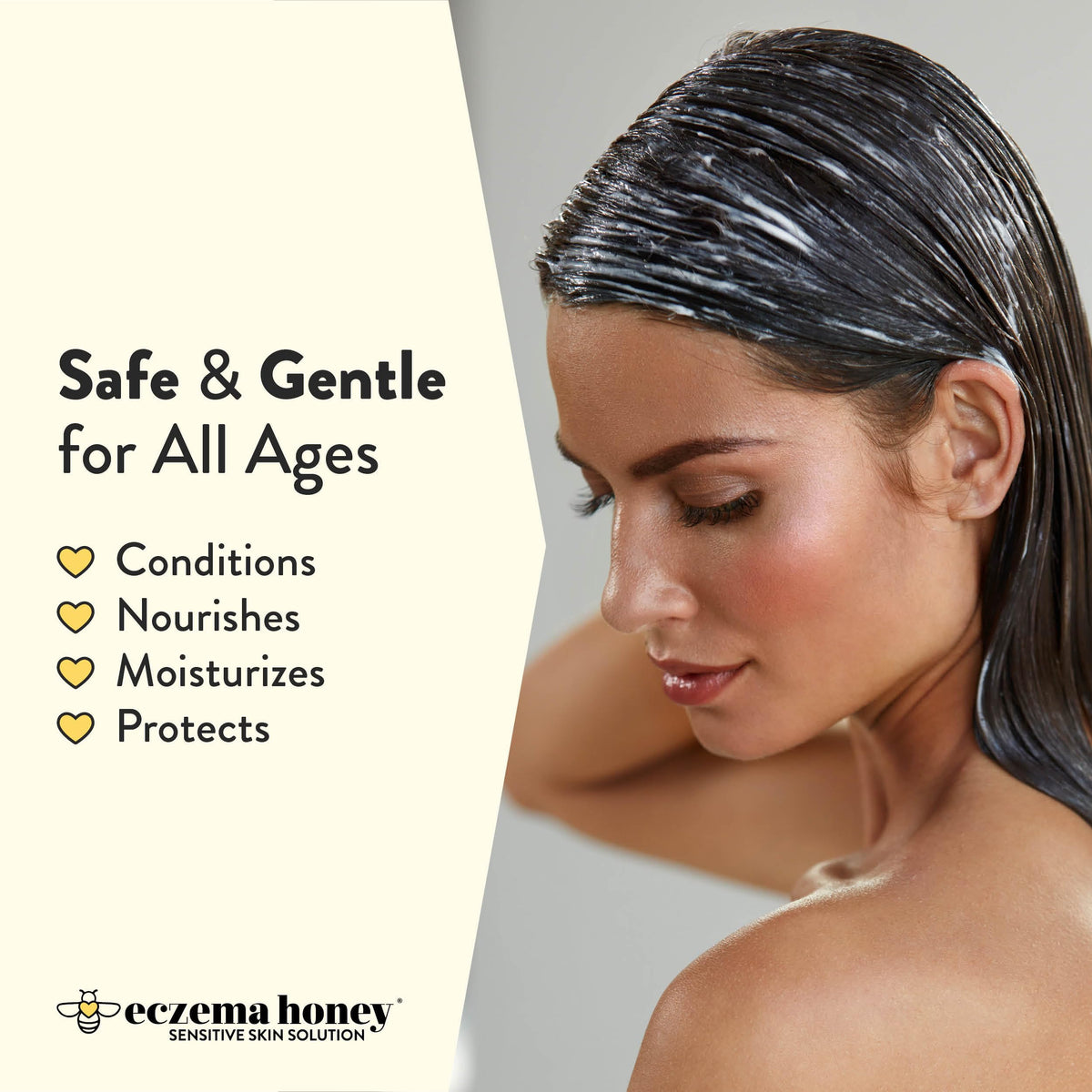 ECZEMA HONEY conditioner poured into hand to demonstrate easy application