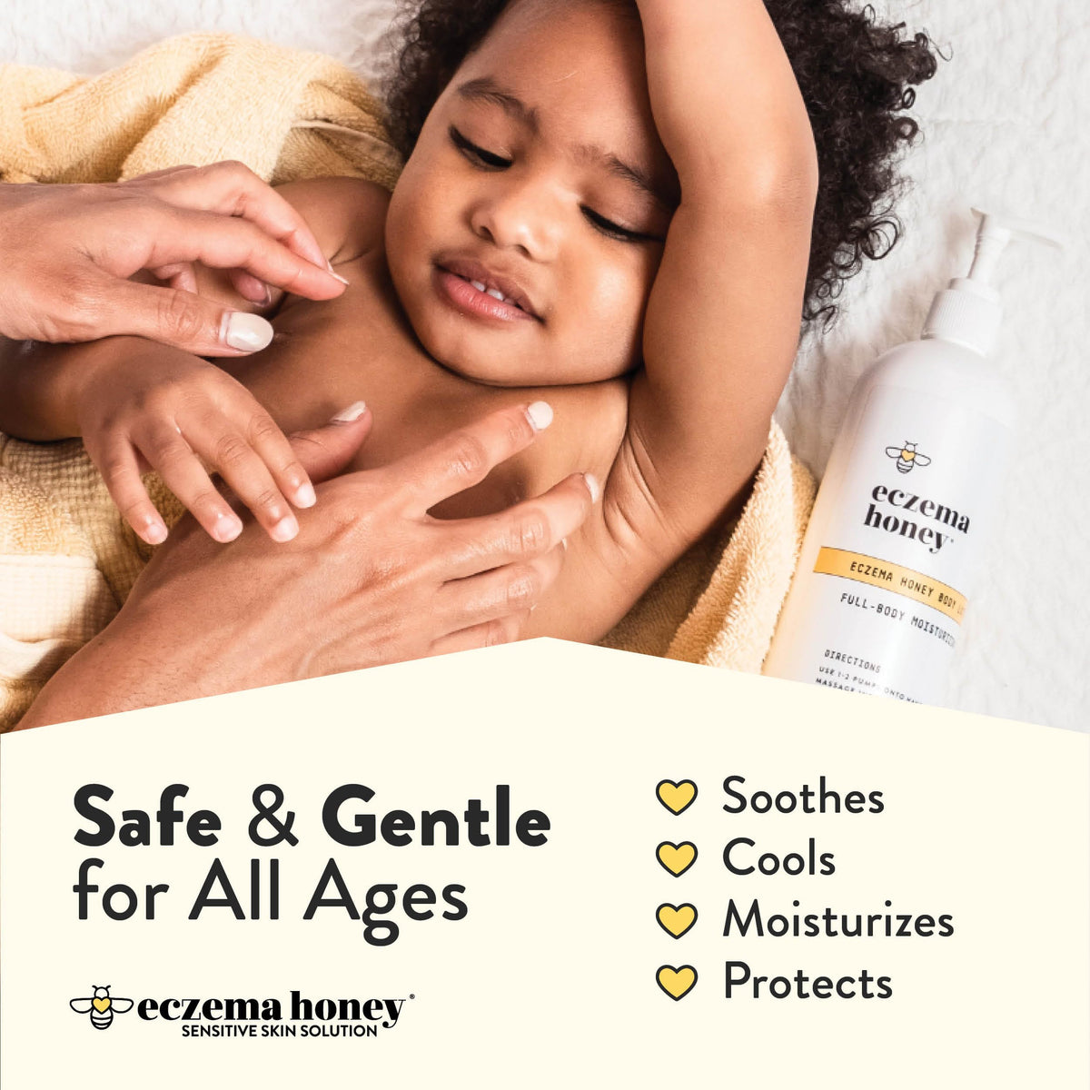 ECZEMA HONEY 16 oz bottle next to a hand for size comparison and portability