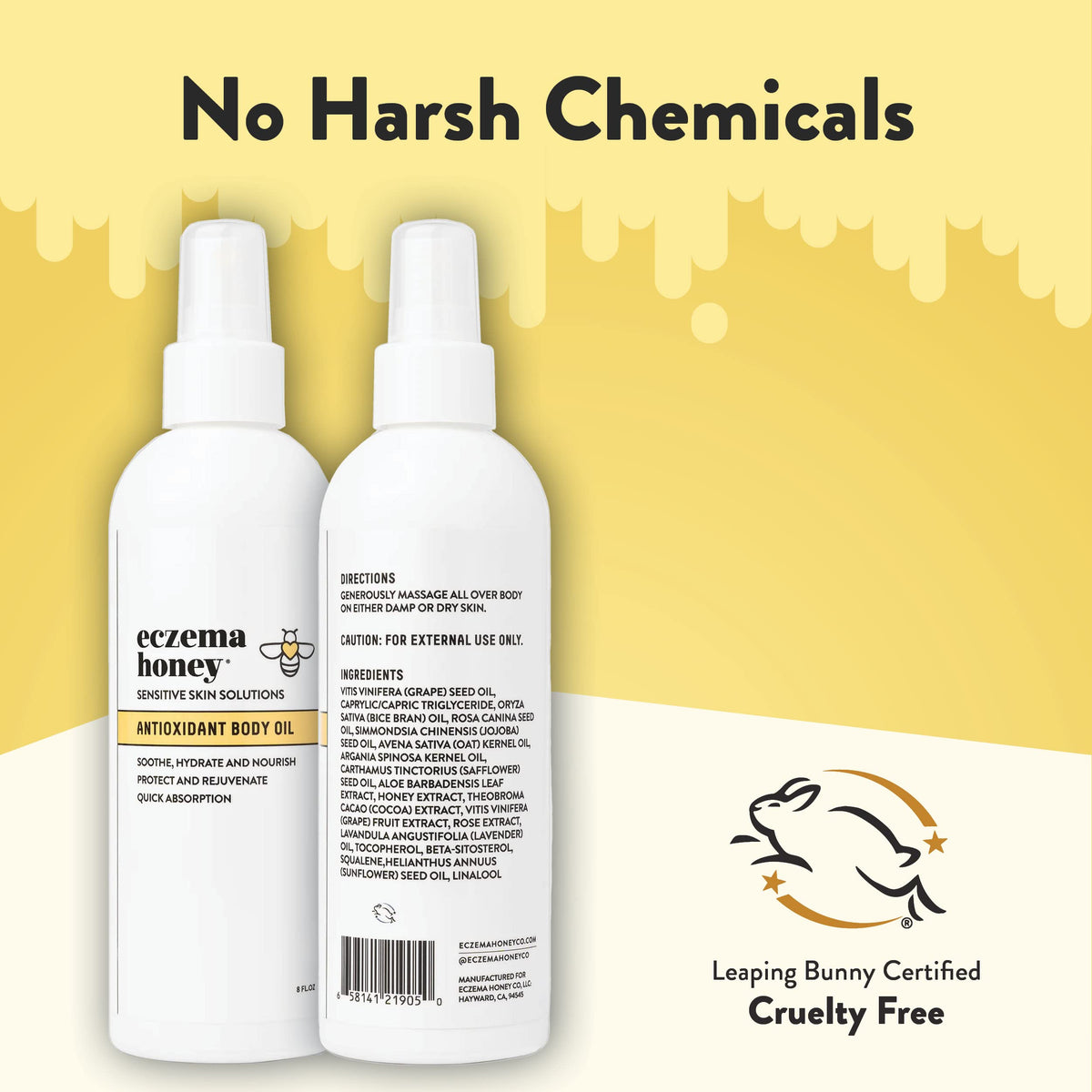 ECZEMA HONEY bottle in hand for size comparison and convenient 8 fl oz portability