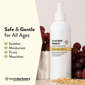 ECZEMA HONEY oil texture on skin highlighting fast absorption and non-greasy finish