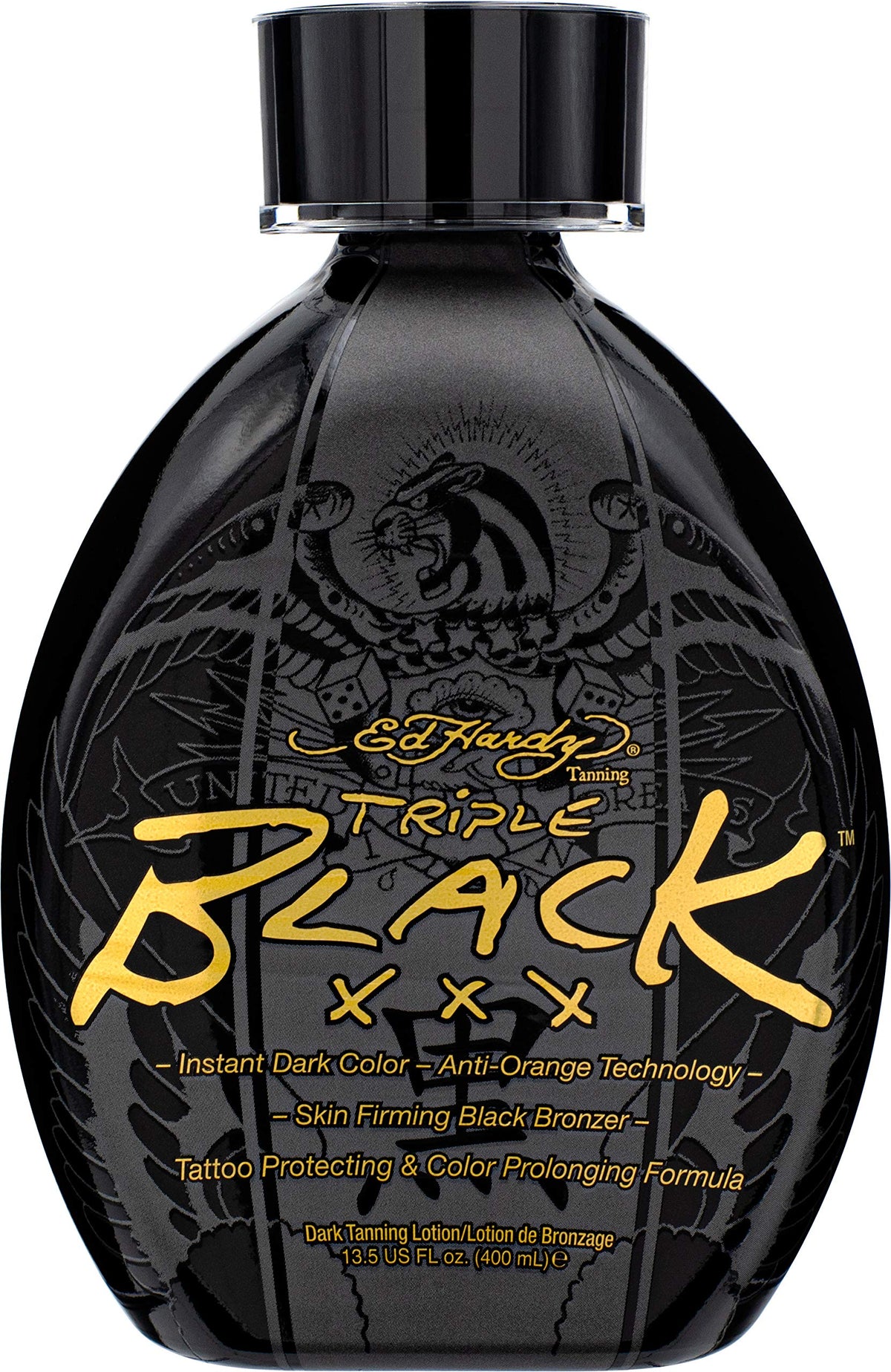 Ed Hardy bottle front view showing product branding and dark bronzer benefits