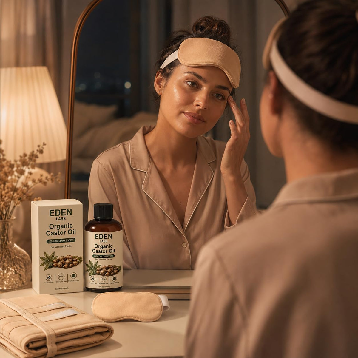 Eden Labs bundle staged on bathroom counter suggesting daily self-care routine