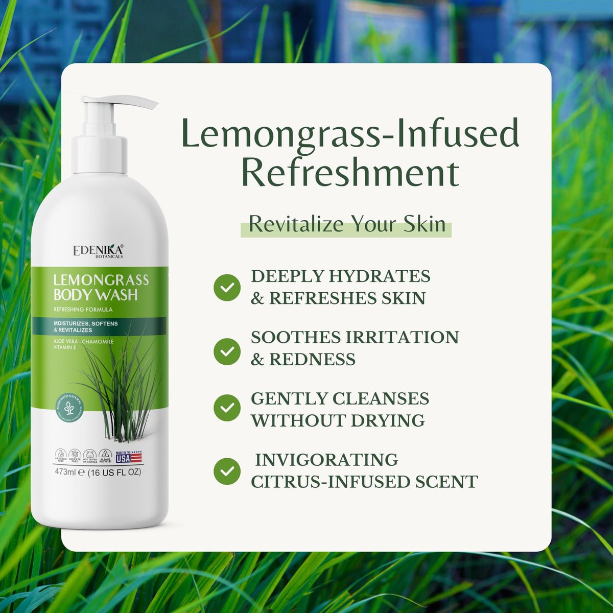 EDENIKA BOTANICALS back label with ingredients list and safety details for informed shoppers