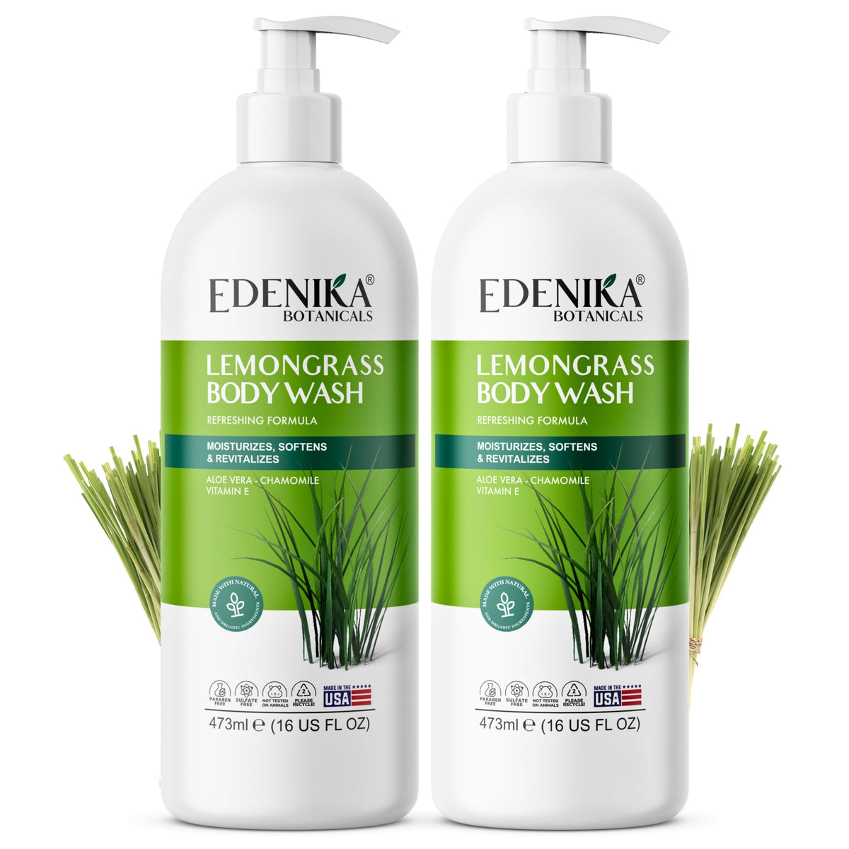EDENIKA BOTANICALS front bottle showing lemongrass scent and clear branding for refreshing showers