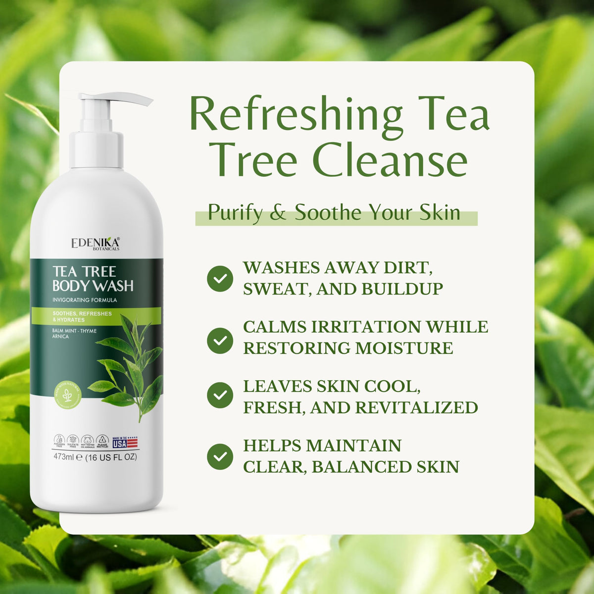 EDENIKA BOTANICALS tea tree mint aloe ingredient display highlighting natural calming benefits