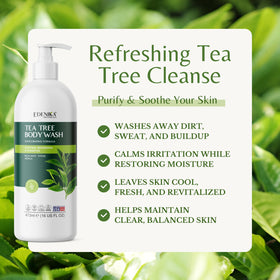 EDENIKA BOTANICALS tea tree mint aloe ingredient display highlighting natural calming benefits