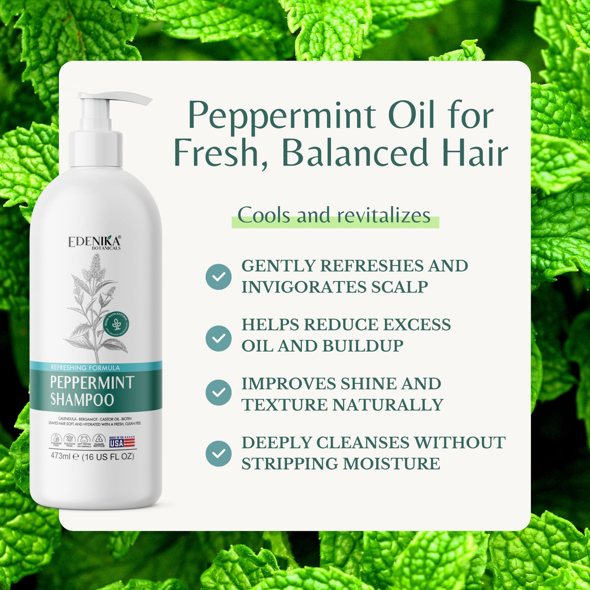 EDENIKA BOTANICALS label close-up highlighting ingredients and benefits