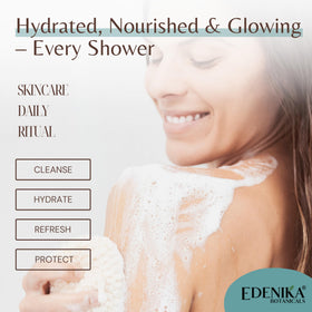 EDENIKA BOTANICALS thick lather on loofah indicating gentle yet effective cleanse