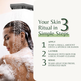 EDENIKA BOTANICALS bottle in shower setting illustrating energizing scent and daily routine uplift