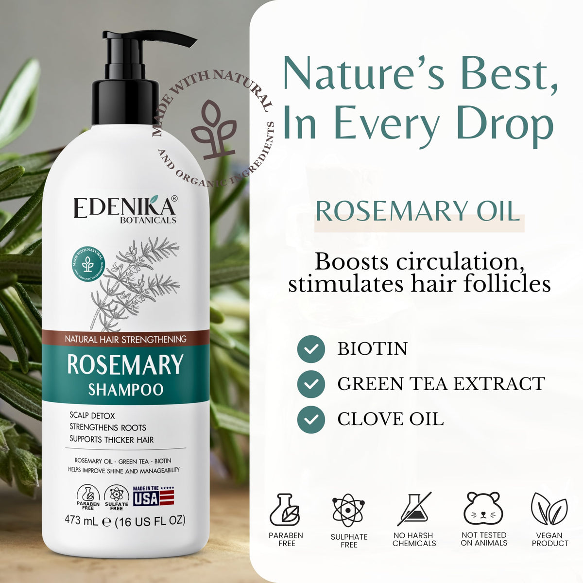 Edenika Botanicals 16 fl oz bottle in hand indicating true size