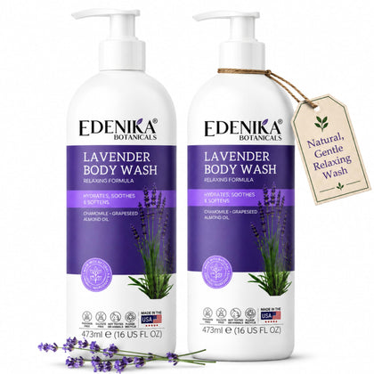 Edenika Botanicals front bottle view showing calming lavender and benefits