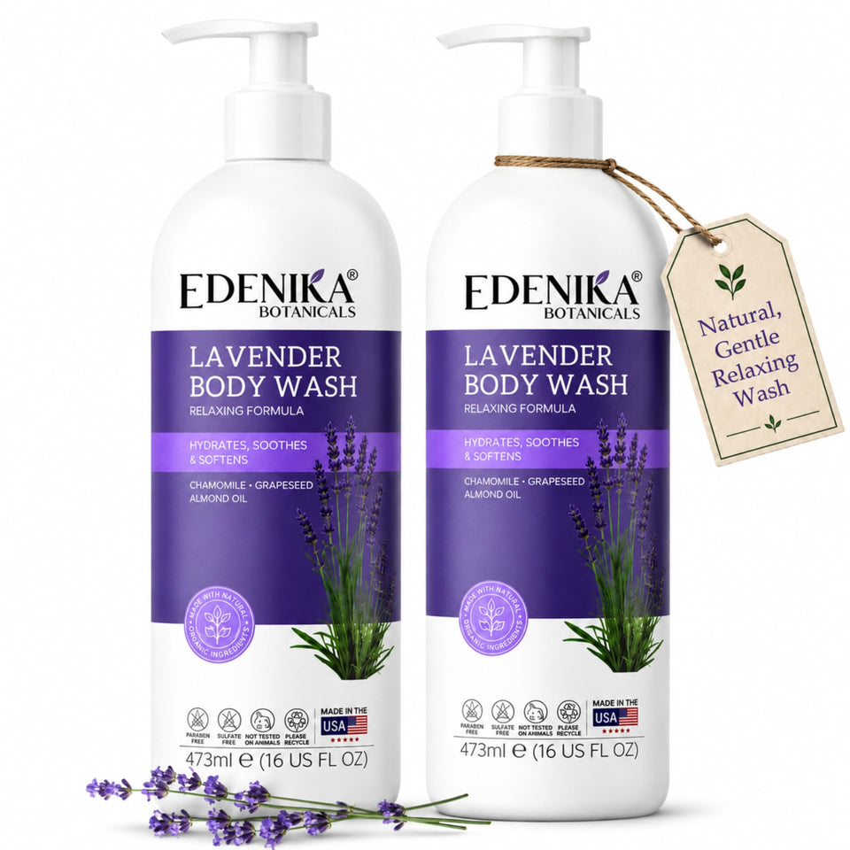 Edenika Botanicals front bottle view showing calming lavender and benefits