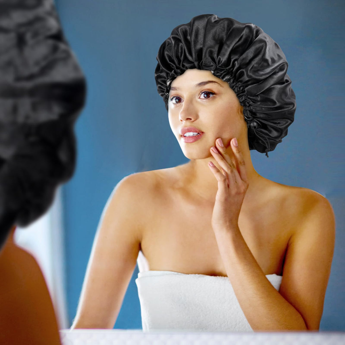 Edoneery model wearing bonnet in bed illustrating hair preserved overnight
