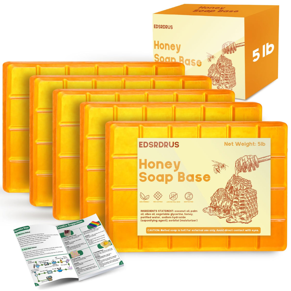 EDSRDRUS front packaging showing 5lb honey glycerin block and benefits