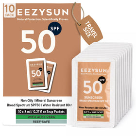 EEZYSUN front packet compact packaging shows portable SPF 50 protection