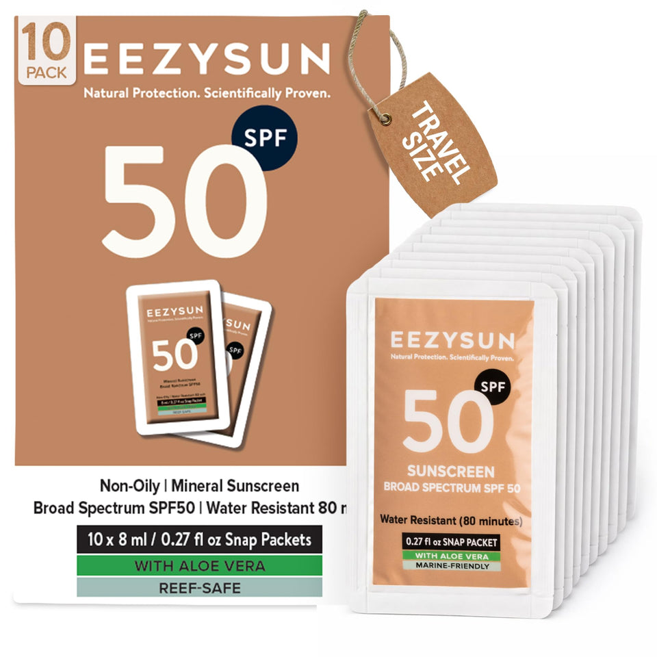 EEZYSUN front packet compact packaging shows portable SPF 50 protection