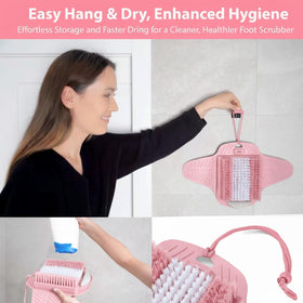 Efforest in use on shower tile illustrating safe standing exfoliation