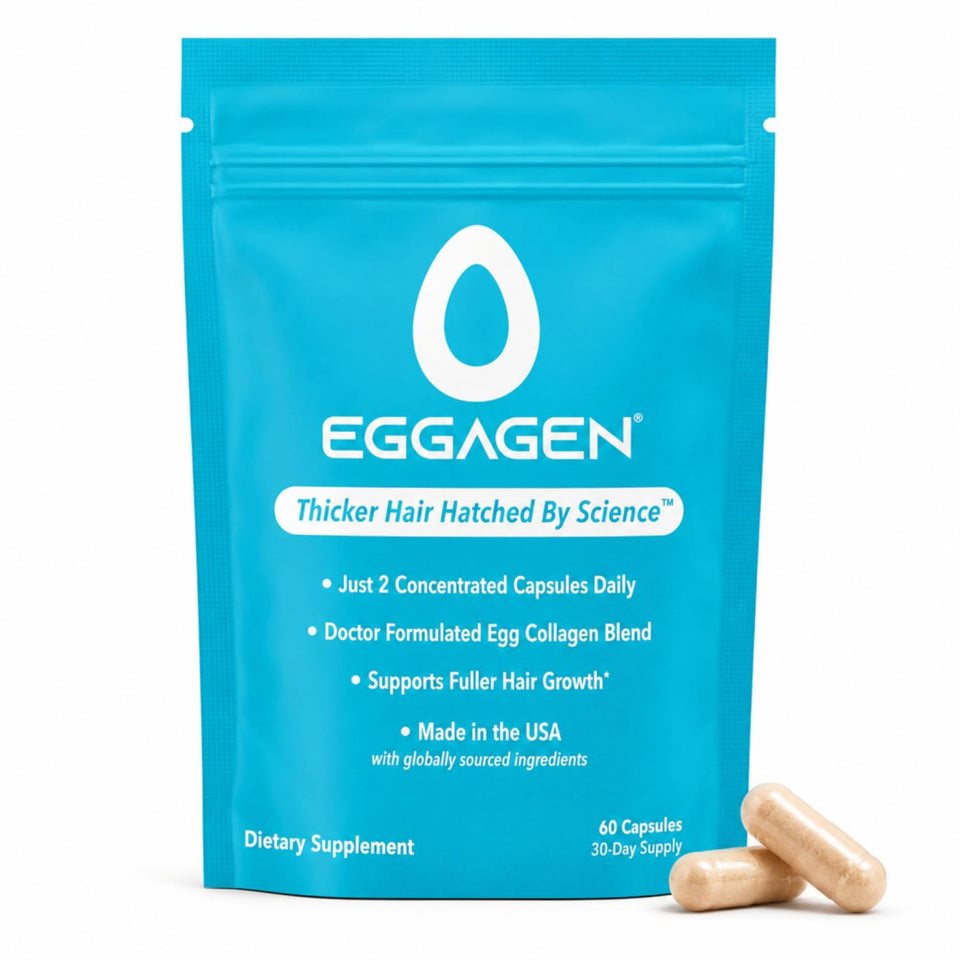 Eggagen front packaging showing product and benefits for fuller hair