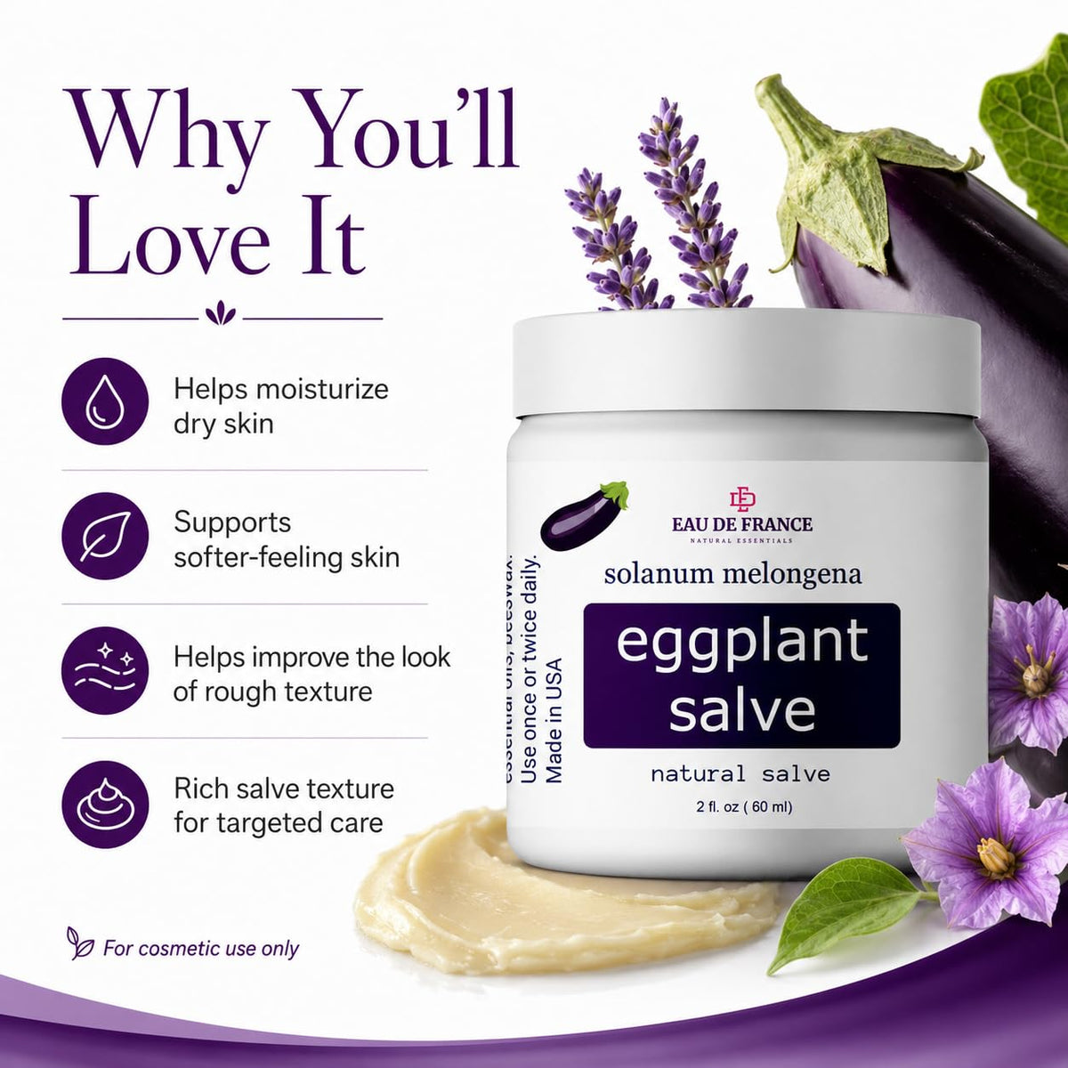 Generic Eggplant Salve applied to elbow highlighting quick smoothing benefit