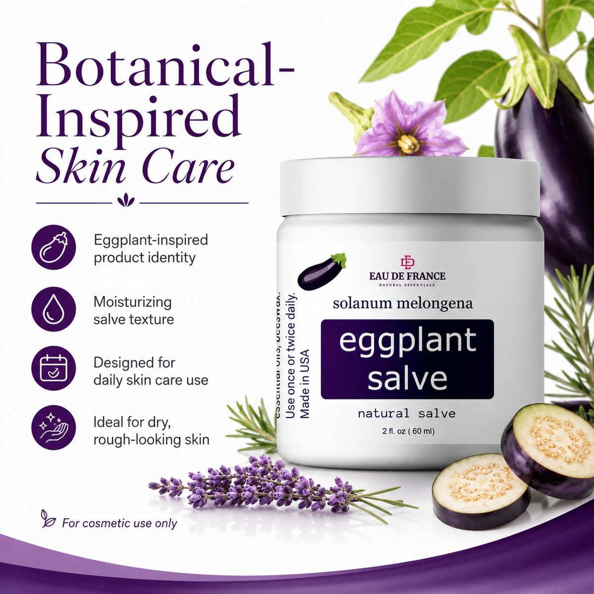 Generic Eggplant Salve used on hands in lifestyle scene showcasing conditioned skin