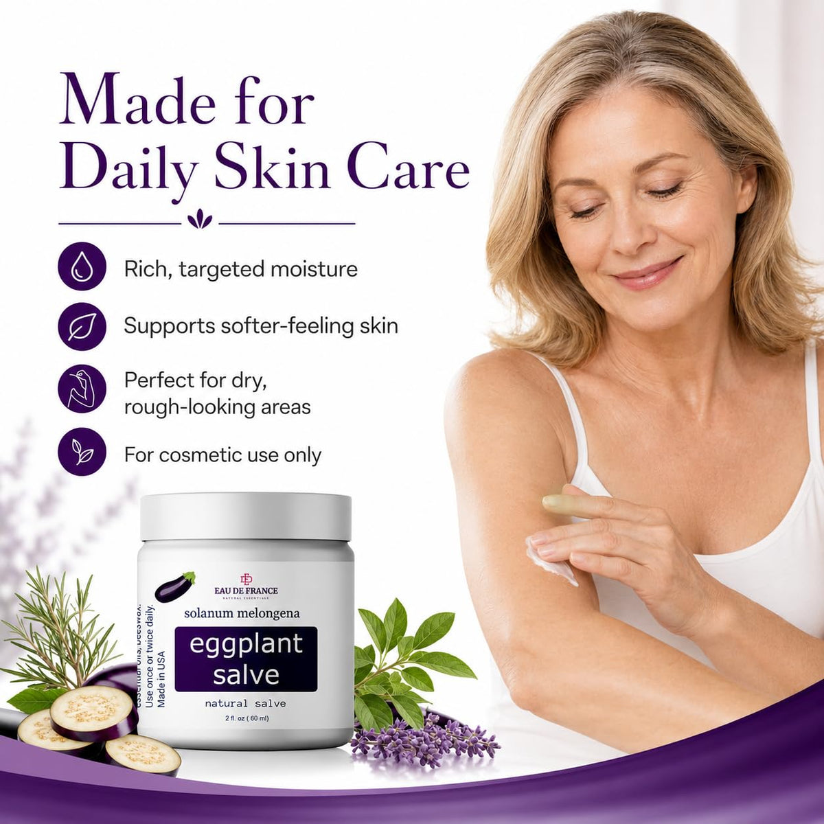 Generic Eggplant Salve jar beside fresh eggplant indicating plant-based formulation benefits