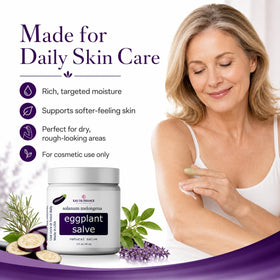 Generic Eggplant Salve jar beside fresh eggplant indicating plant-based formulation benefits