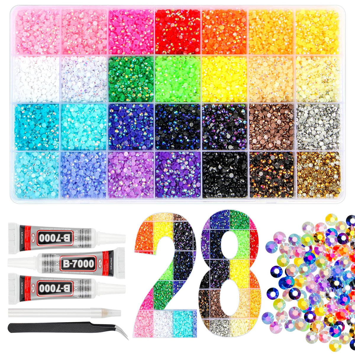 EGKamh kit front packaging showing 28-color grid and tools for instant organization