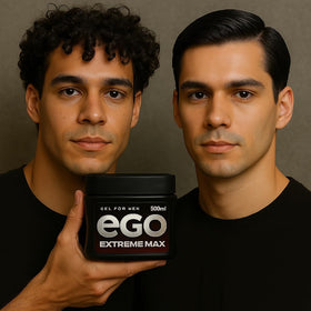 eGo extreme max in-use styling with man applying gel, shows reliable hold and neat finish