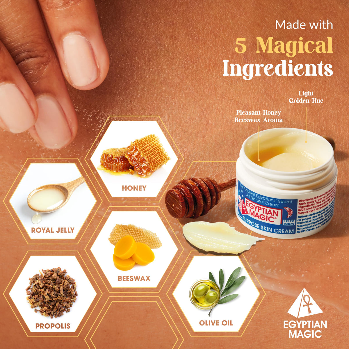 hands using Egyptian Magic balm demonstrating fast absorption and moisturized skin benefit