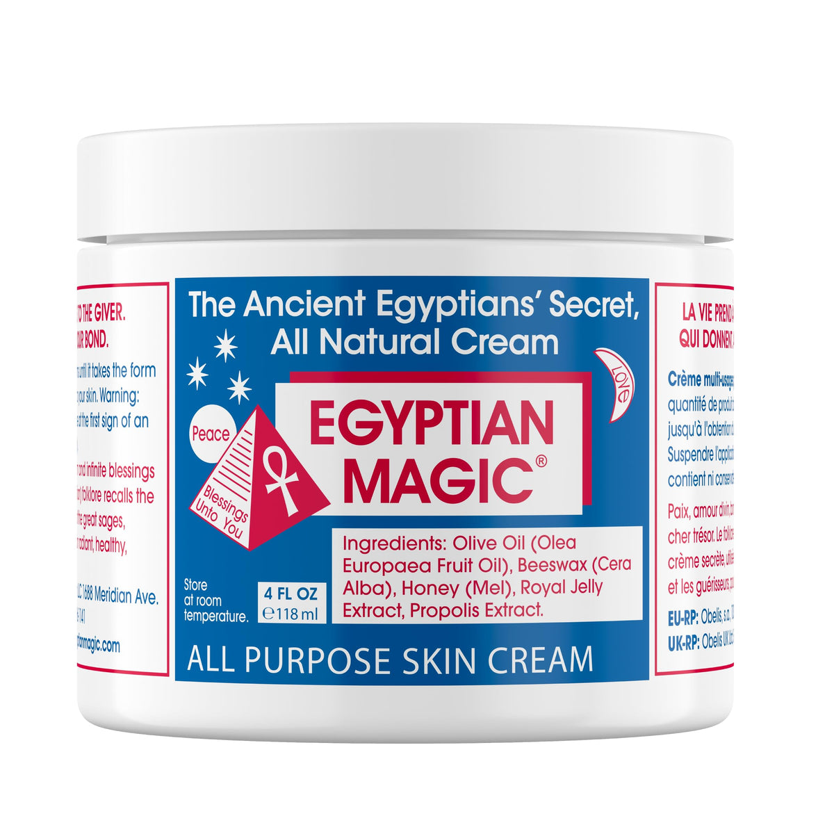 Egyptian Magic front jar showing product packaging and compact size benefit