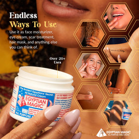 Smoothing Egyptian Magic onto hands to relieve dryness and protect skin barrier